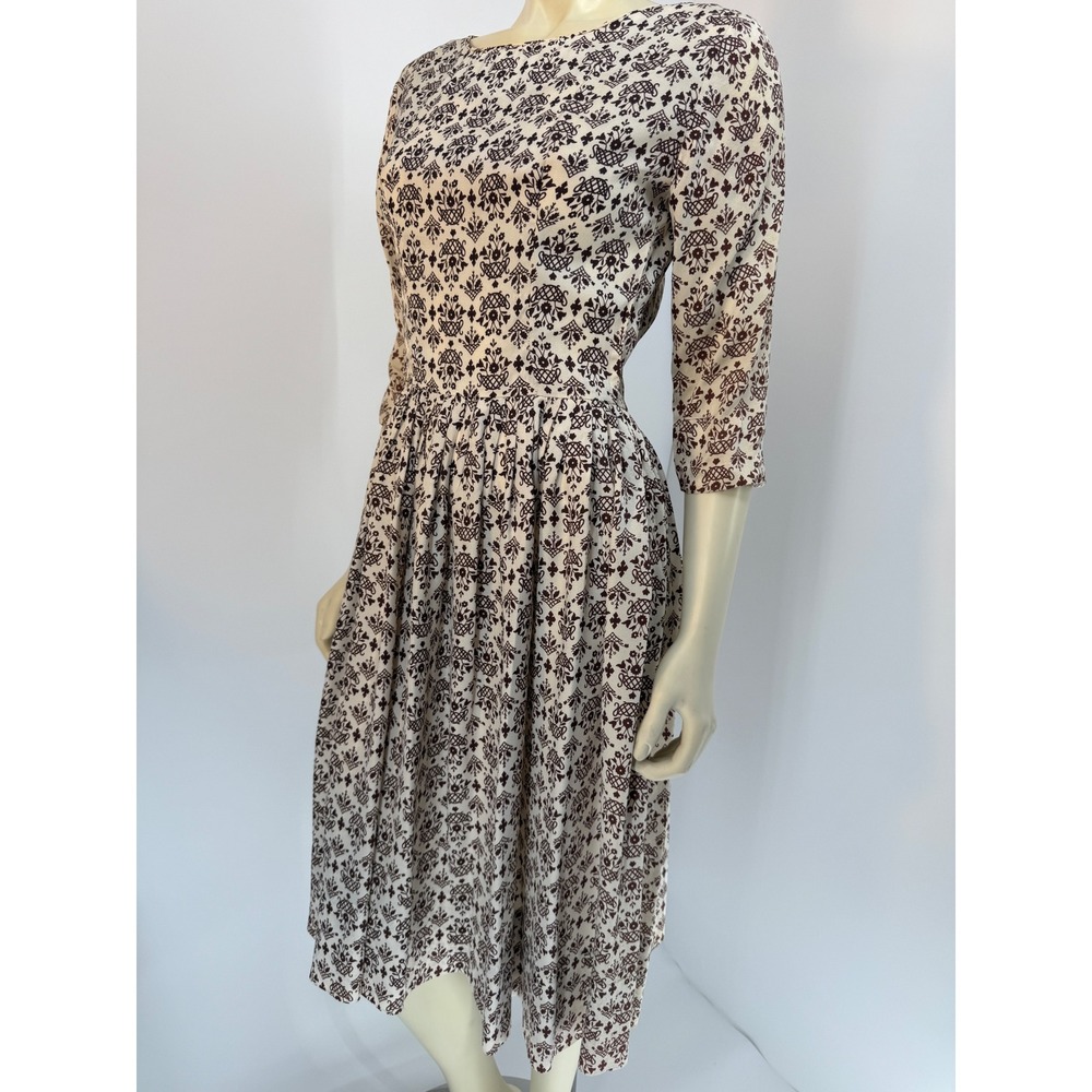 Vintage 1940s Folk Art Novelty Print Dress Conmar Side Zipper 25 Waist XS